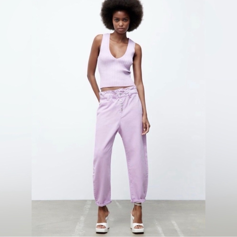 ZARA | Paper Bag High Rise Button Fly Comfy Flexible Ankle Pants Colored Jeans